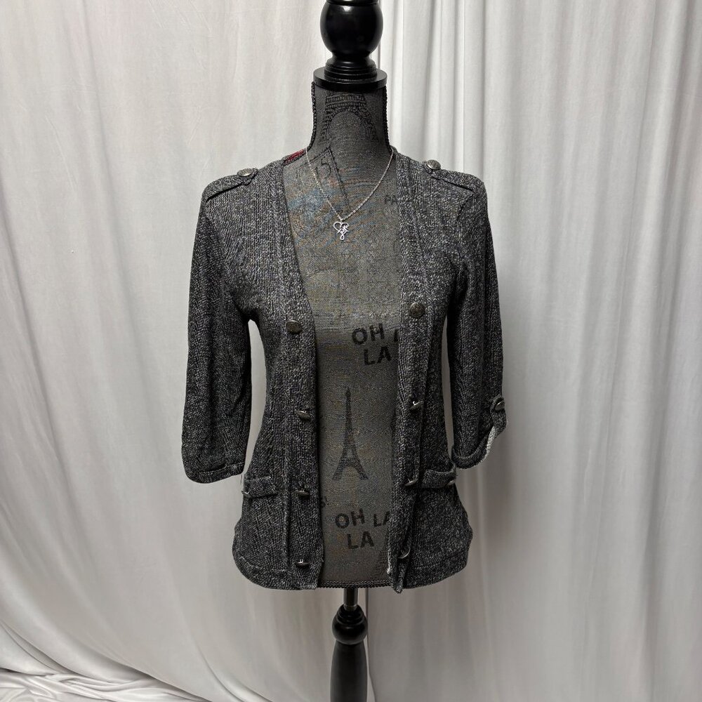 Vanity Open Cardigan Womens Sz Medium Gray Jacket Black Lace Back Metal Buttons